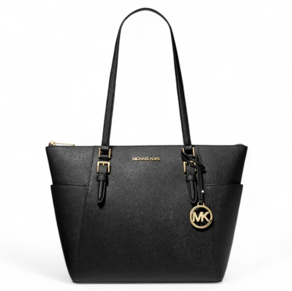 Michael Kors Charlotte Large Black Saffiano Tote with Gold MK Charm
